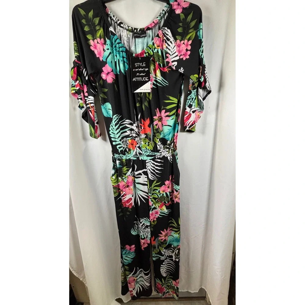 Attitudes by Renee Floral Jumpsuit Black Pink 3/4 Sleeve Petite Small NWT - Picture 1 of 6